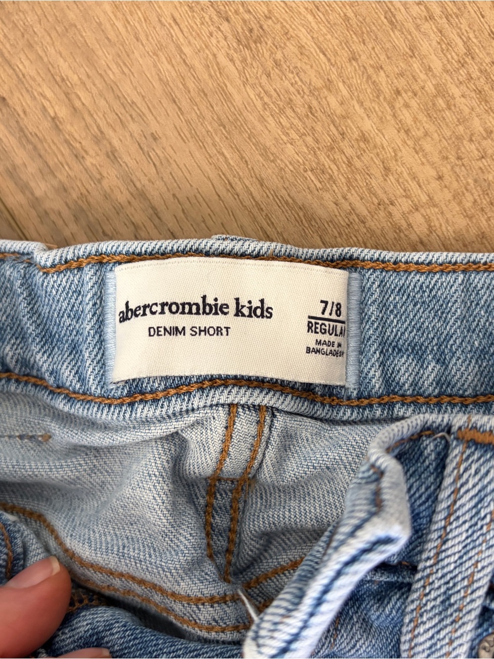 abercrombie kids light blue denim shorts with contrast stitching